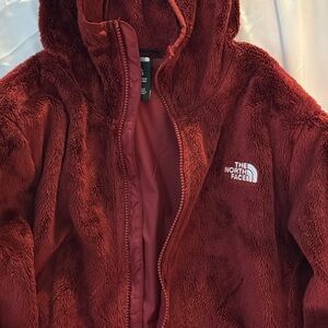 Women’s mid length plush fleece maroon jacket with hood